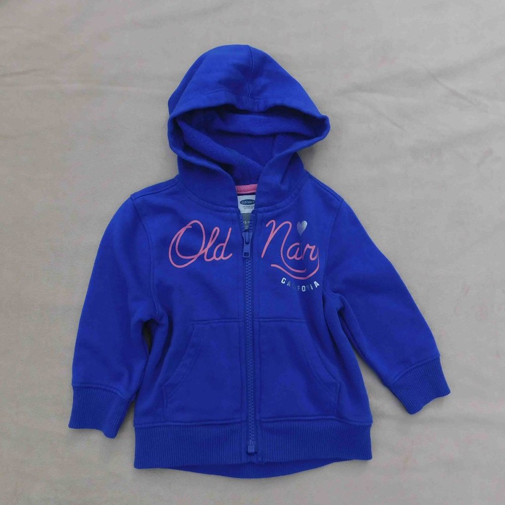 Old Navy 12-18M Bright Blue Zip Front Hoodie with Logo & Gold Heart